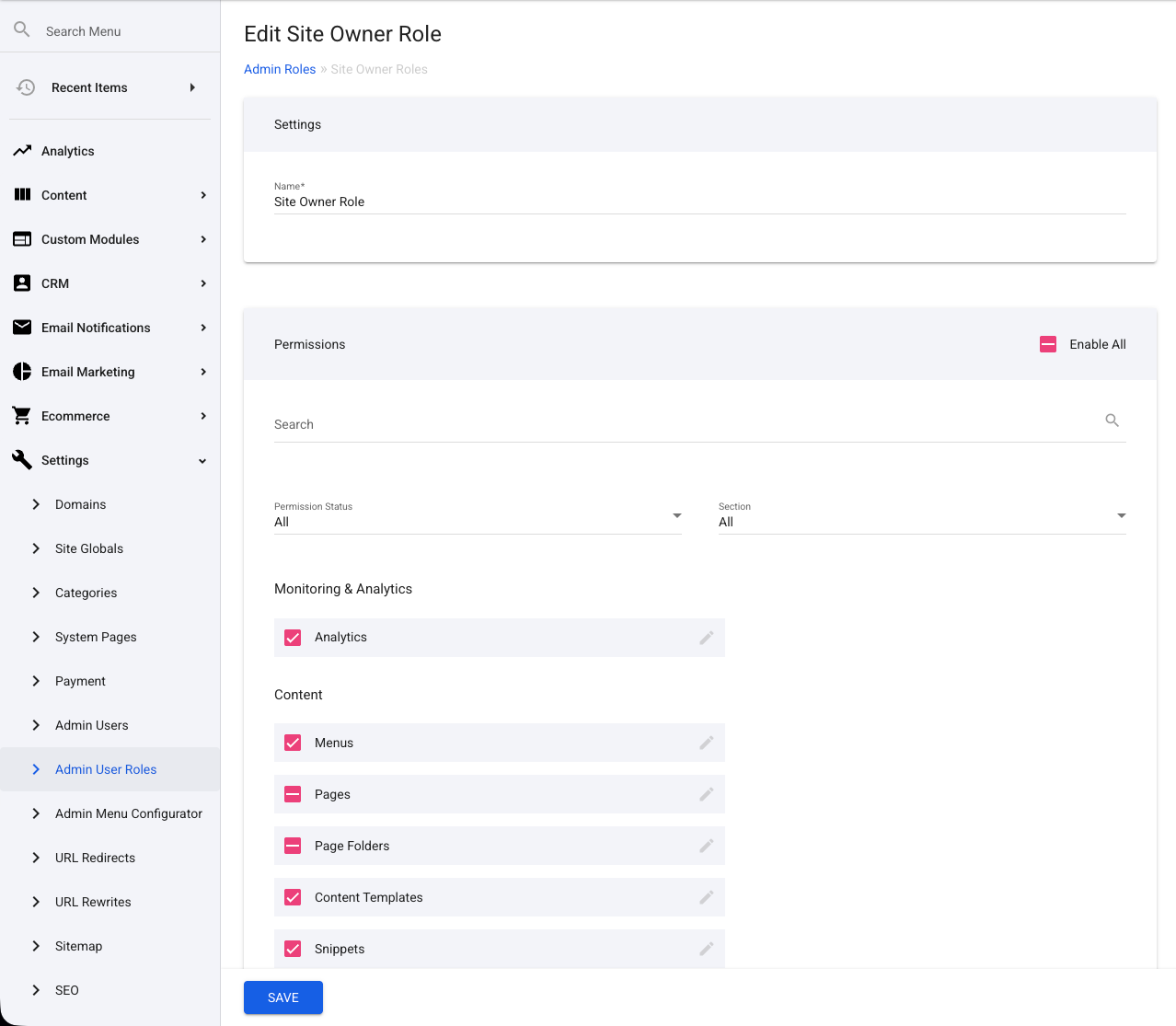 Admin User Roles and Permissions