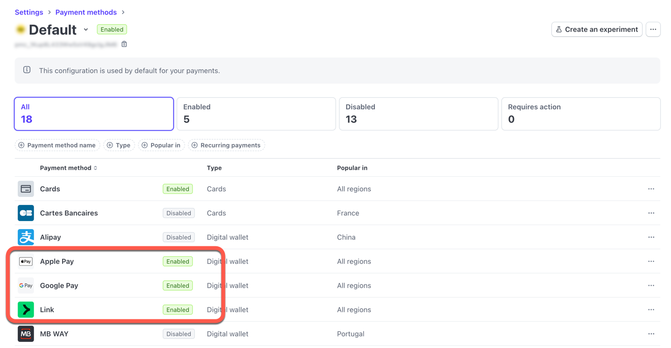 Stripe Elements - Enable Payment Methods