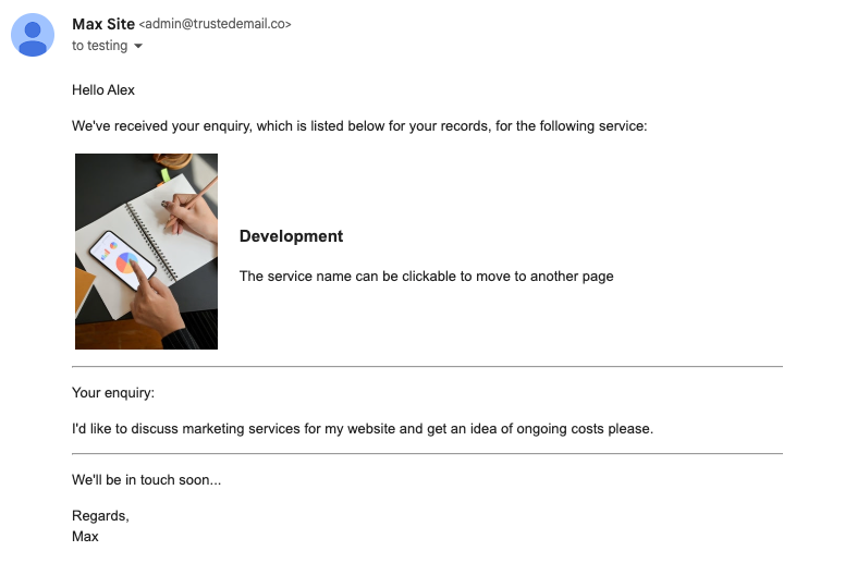 Autoresponder email result