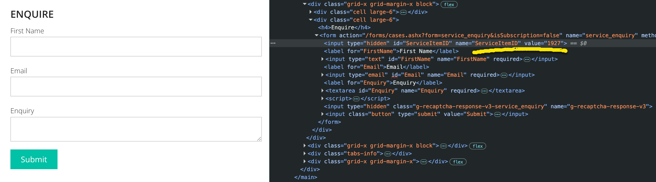 Passing item ID into enquiry form's hidden input field